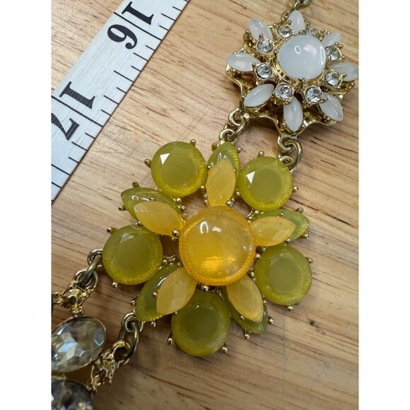 Floral Statement Necklace Yellow & Turquoise Beaded Design Gold Chain Adjustable - Picture 6 of 12